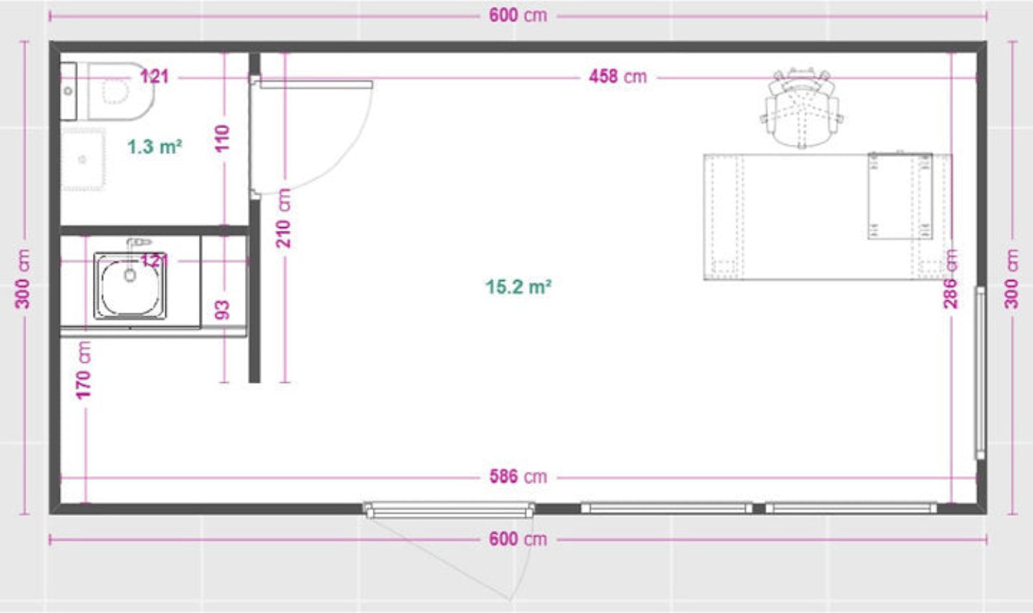 18m² kantoorruimte met badkamer en kitchenette
